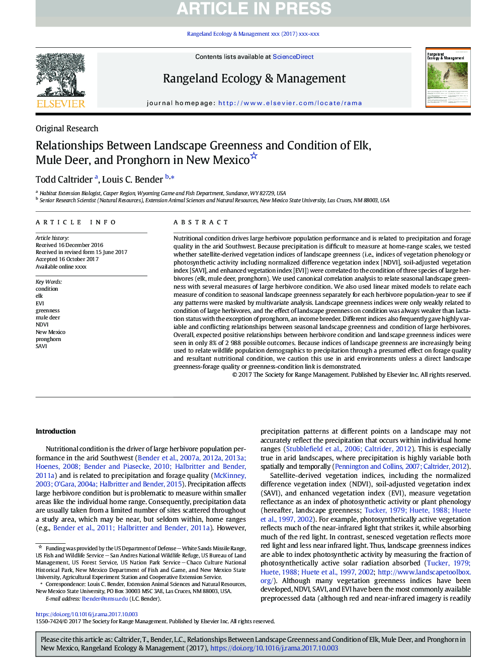 Relationships Between Landscape Greenness and Condition of Elk, Mule Deer, and Pronghorn in New Mexico