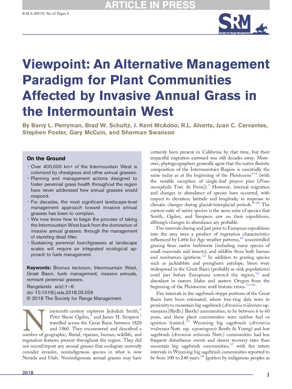 Viewpoint: An Alternative Management Paradigm for Plant Communities Affected by Invasive Annual Grass in the Intermountain West