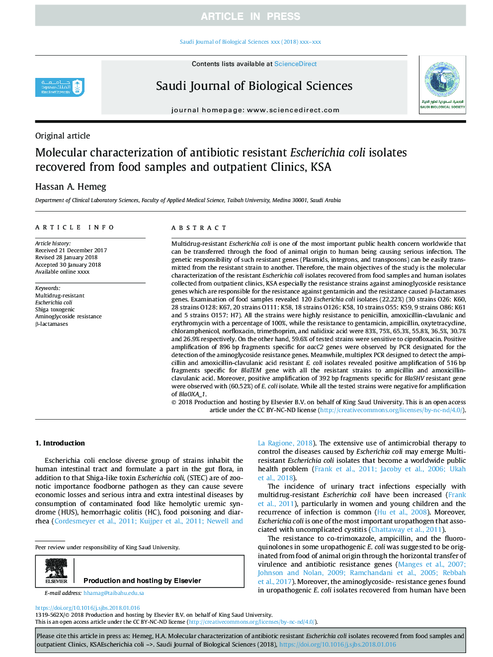 Molecular characterization of antibiotic resistant Escherichia coli isolates recovered from food samples and outpatient Clinics, KSA