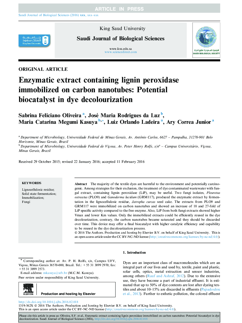 Enzymatic extract containing lignin peroxidase immobilized on carbon nanotubes: Potential biocatalyst in dye decolourization