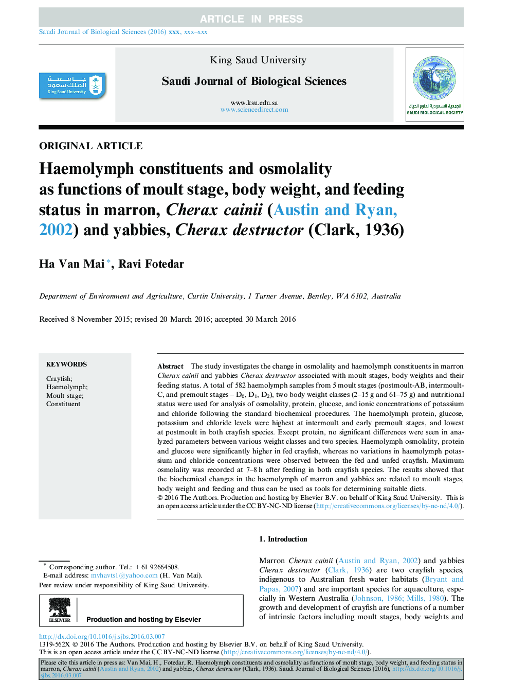 Haemolymph constituents and osmolality as functions of moult stage, body weight, and feeding status in marron, Cherax cainii (Austin and Ryan, 2002) and yabbies, Cherax destructor (Clark, 1936)