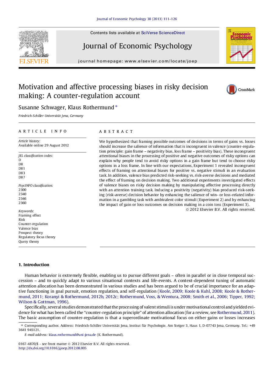 Motivation and affective processing biases in risky decision making: A counter-regulation account