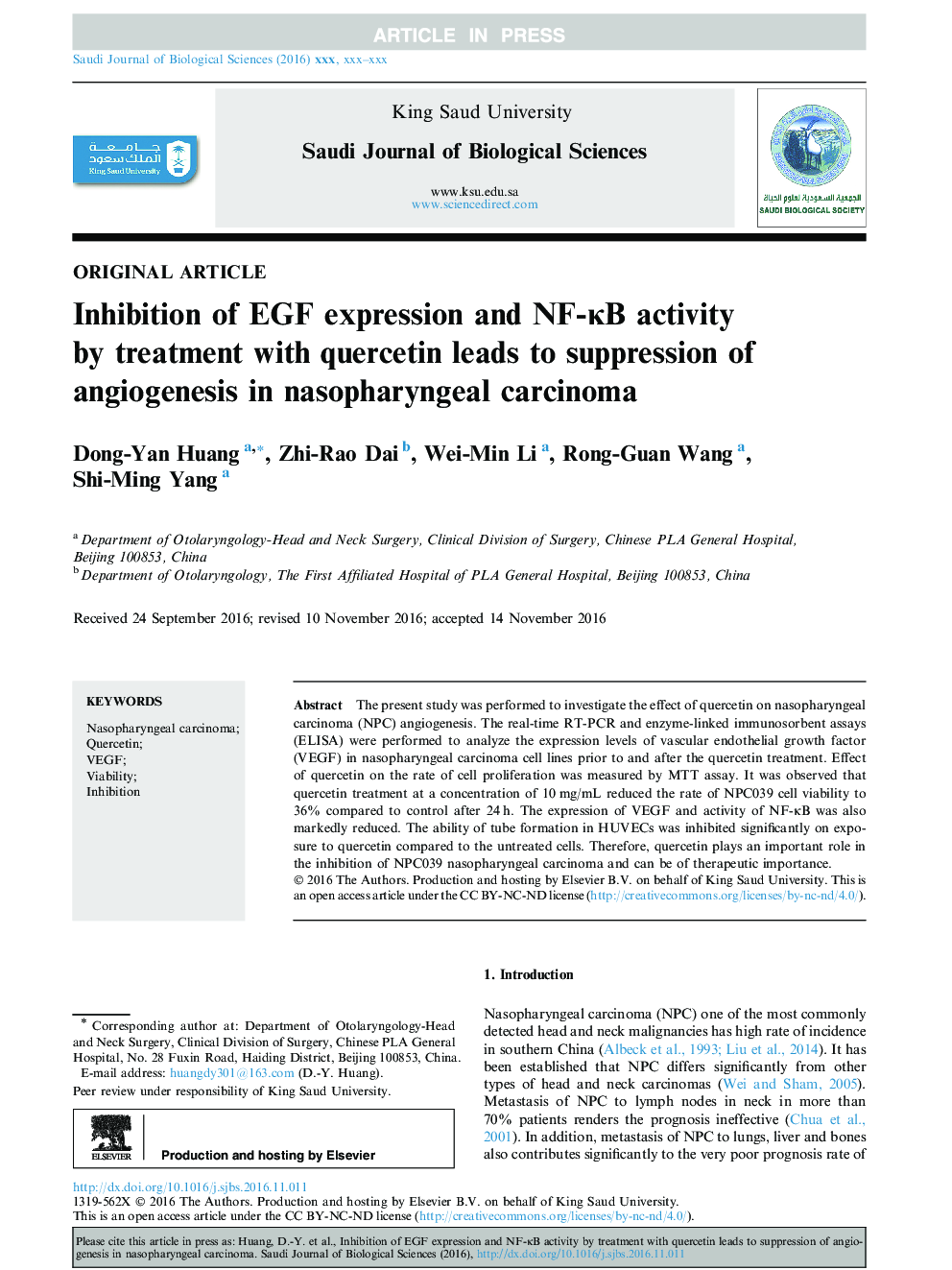 Inhibition of EGF expression and NF-ÎºB activity by treatment with quercetin leads to suppression of angiogenesis in nasopharyngeal carcinoma