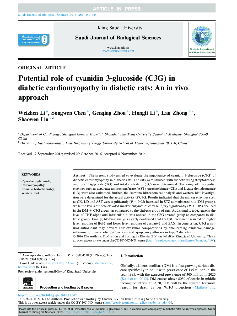 Potential role of cyanidin 3-glucoside (C3G) in diabetic cardiomyopathy in diabetic rats: An in vivo approach