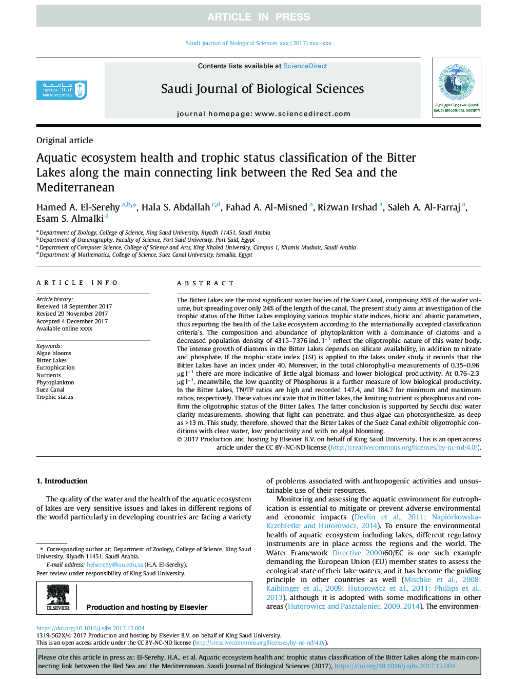Aquatic ecosystem health and trophic status classification of the Bitter Lakes along the main connecting link between the Red Sea and the Mediterranean