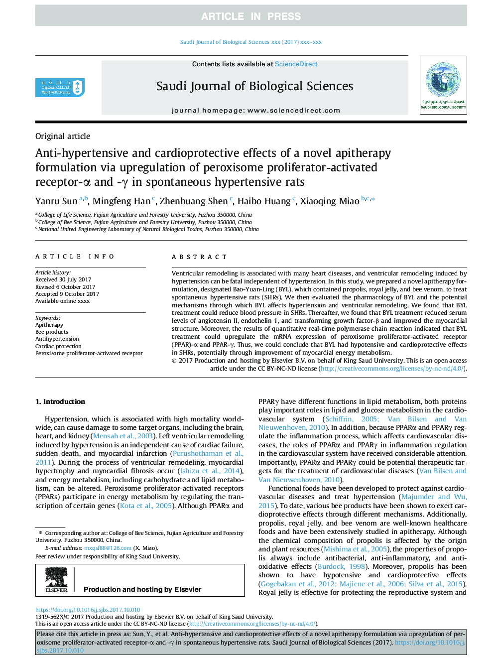 Anti-hypertensive and cardioprotective effects of a novel apitherapy formulation via upregulation of peroxisome proliferator-activated receptor-Î± and -Î³ in spontaneous hypertensive rats