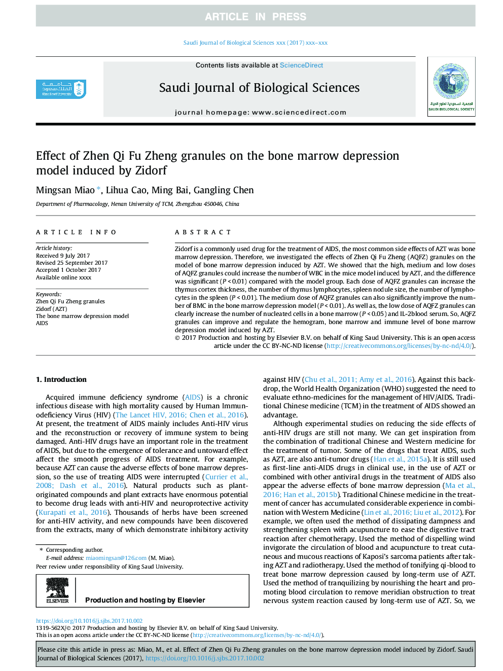 Effect of Zhen Qi Fu Zheng granules on the bone marrow depression model induced by Zidorf