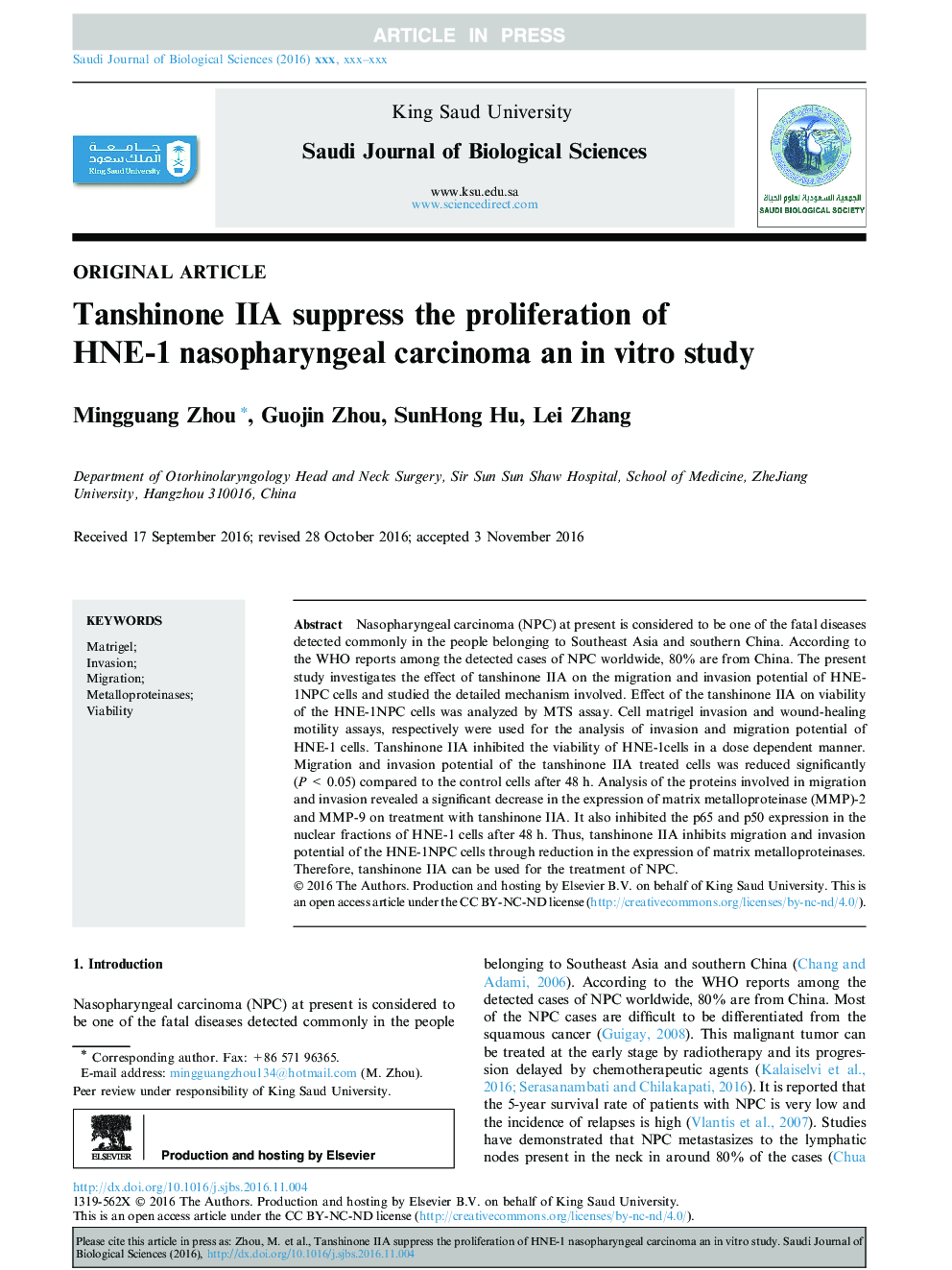 Tanshinone IIA suppress the proliferation of HNE-1 nasopharyngeal carcinoma an in vitro study