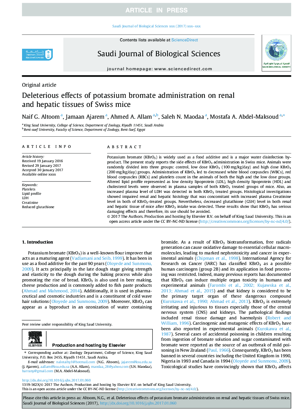 Deleterious effects of potassium bromate administration on renal and hepatic tissues of Swiss mice