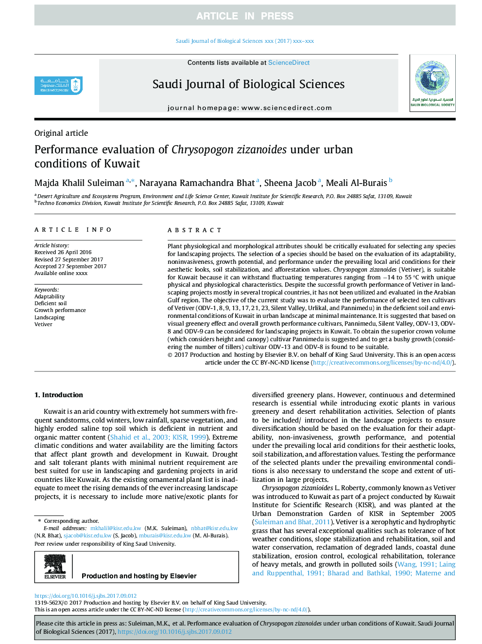 Performance evaluation of Chrysopogon zizanoides under urban conditions of Kuwait