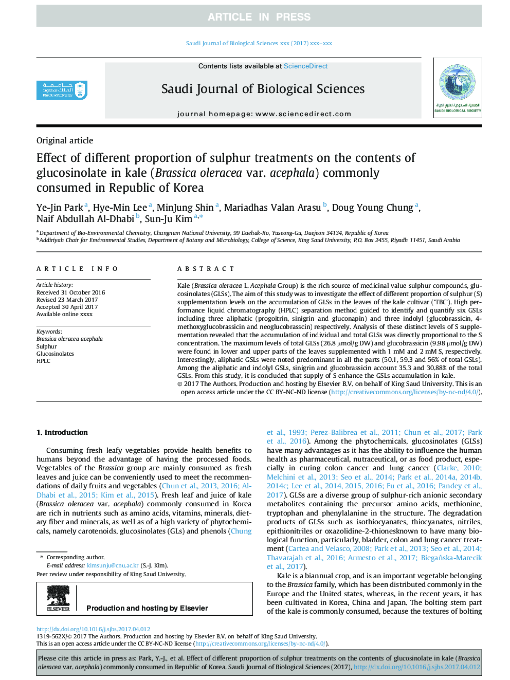 Effect of different proportion of sulphur treatments on the contents of glucosinolate in kale (Brassica oleracea var. acephala) commonly consumed in Republic of Korea