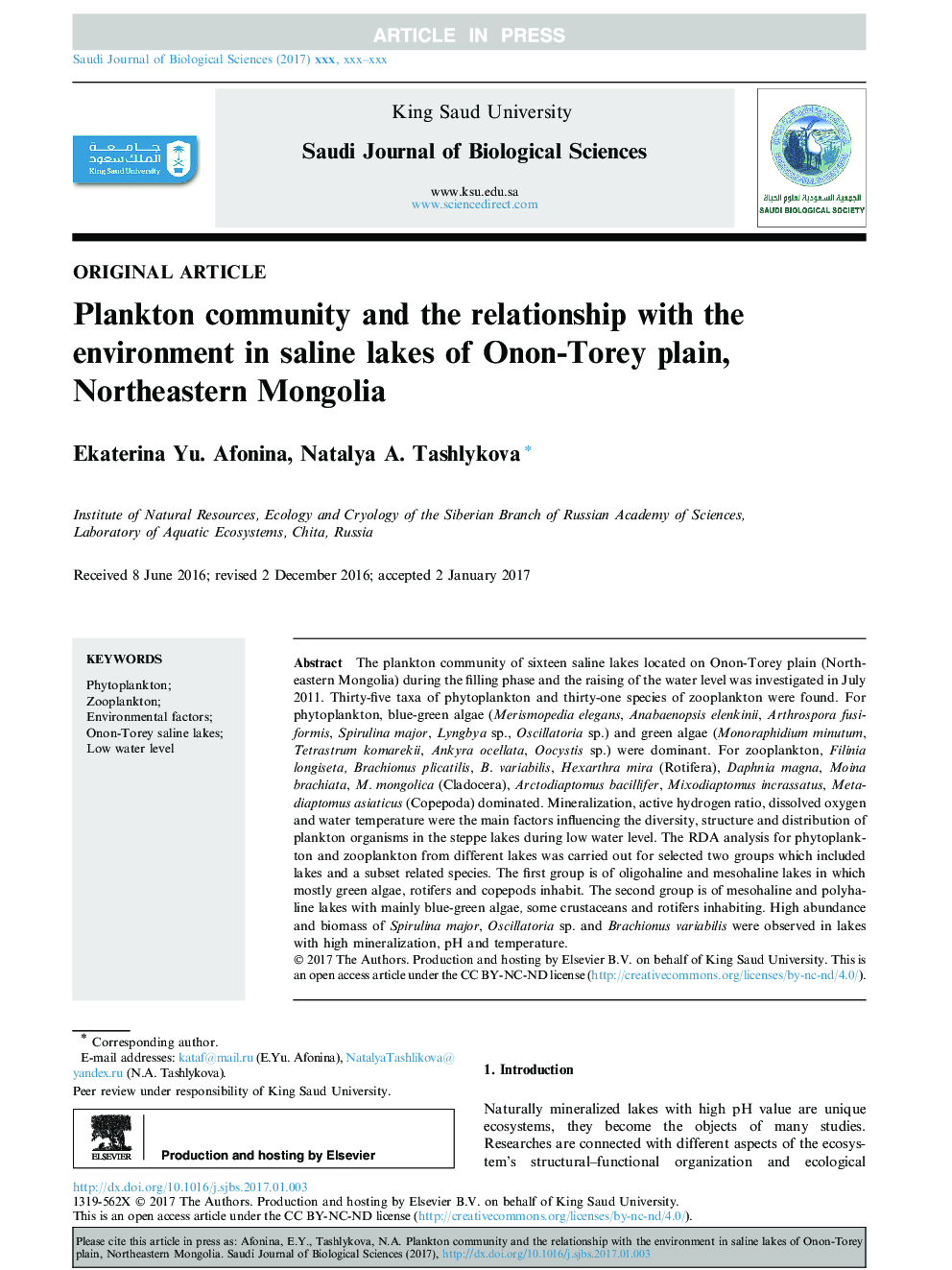 Plankton community and the relationship with the environment in saline lakes of Onon-Torey plain, Northeastern Mongolia