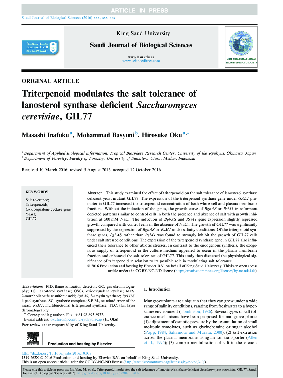 Triterpenoid modulates the salt tolerance of lanosterol synthase deficient Saccharomyces cerevisiae, GIL77
