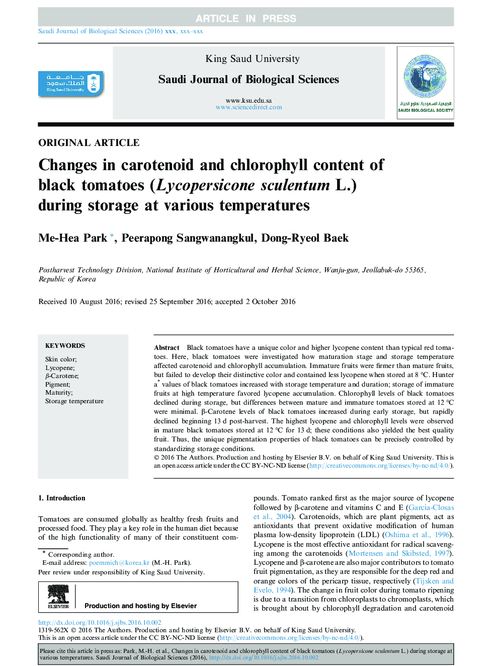Changes in carotenoid and chlorophyll content of black tomatoes (Lycopersicone sculentum L.) during storage at various temperatures