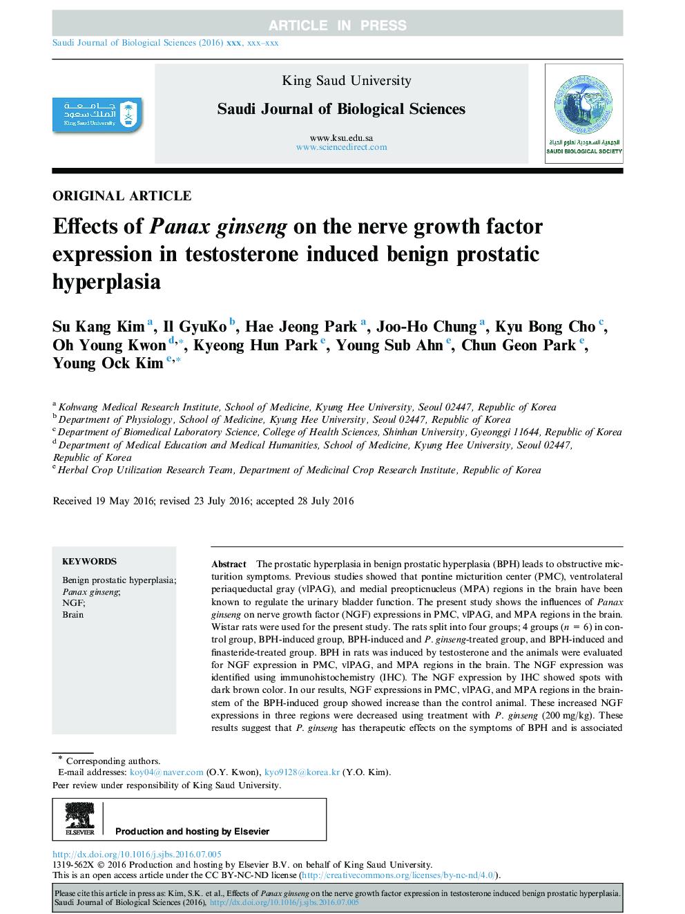 Effects of Panax ginseng on the nerve growth factor expression in testosterone induced benign prostatic hyperplasia