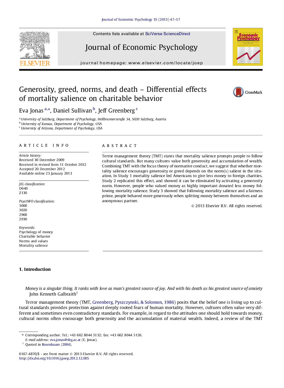 Generosity, greed, norms, and death – Differential effects of mortality salience on charitable behavior