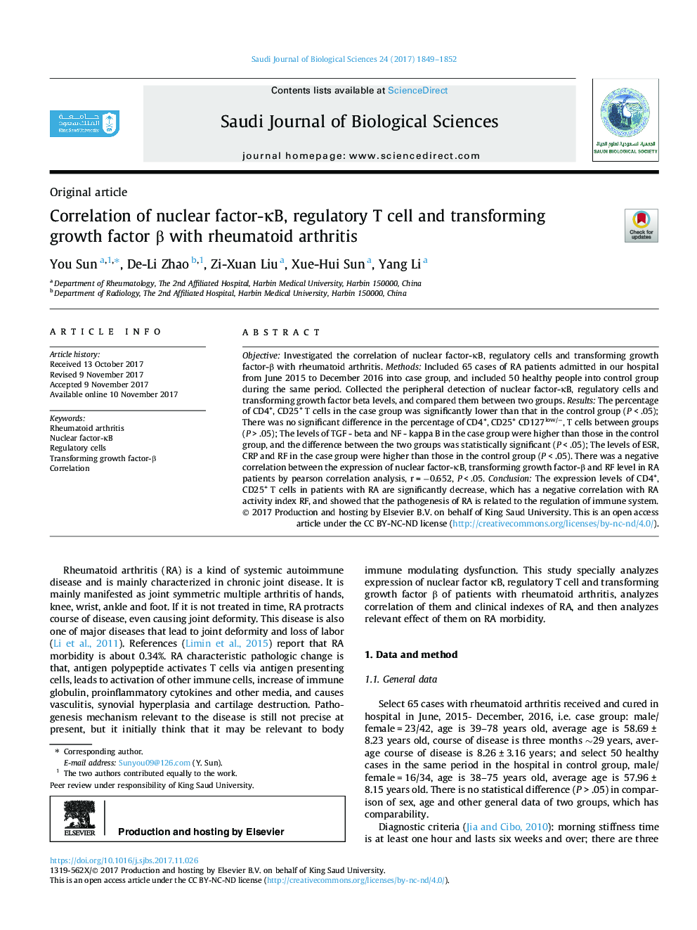 Correlation of nuclear factor-ÎºB, regulatory T cell and transforming growth factor Î² with rheumatoid arthritis