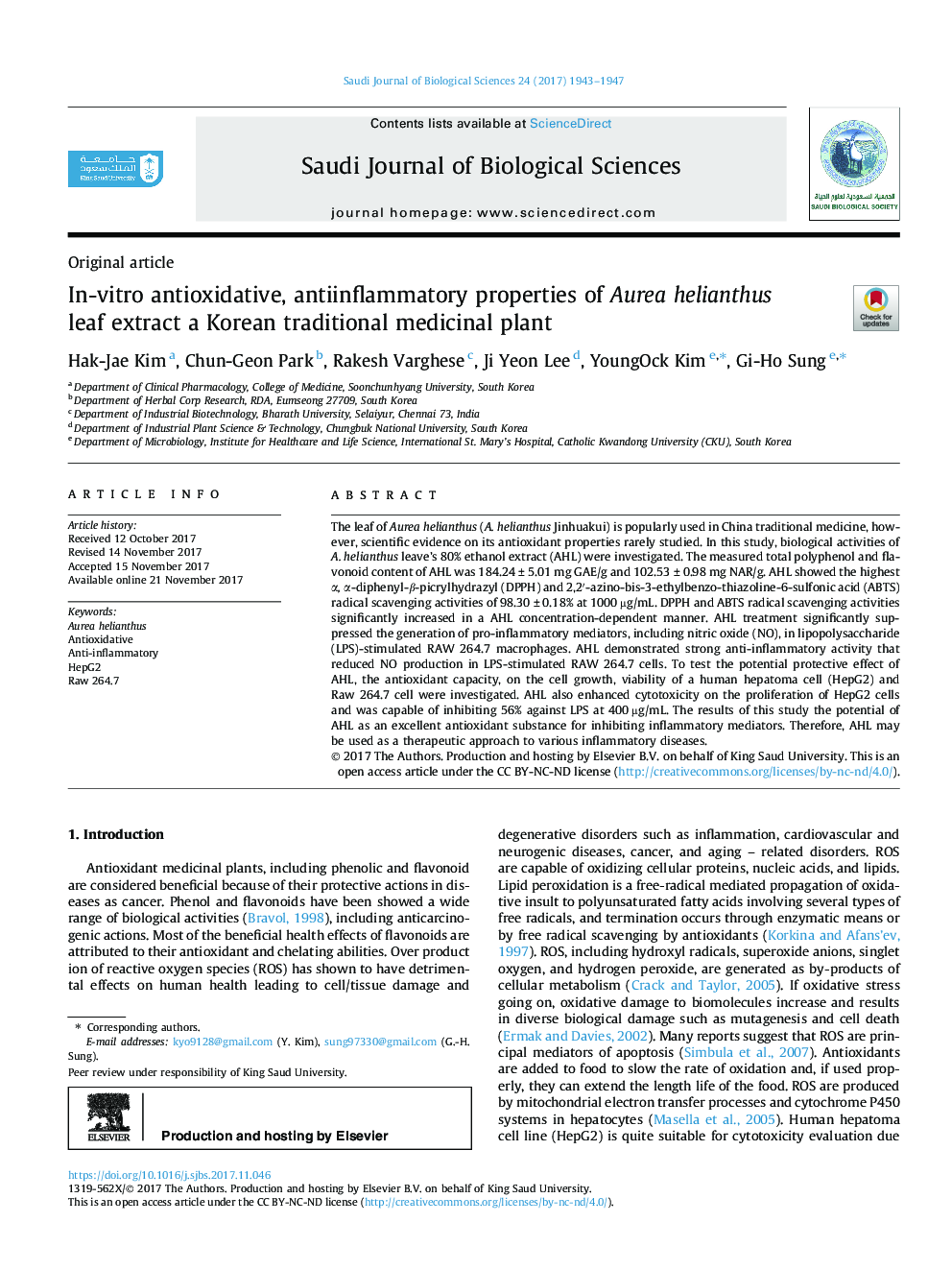 In-vitro antioxidative, antiinflammatory properties of Aurea helianthus leaf extract a Korean traditional medicinal plant