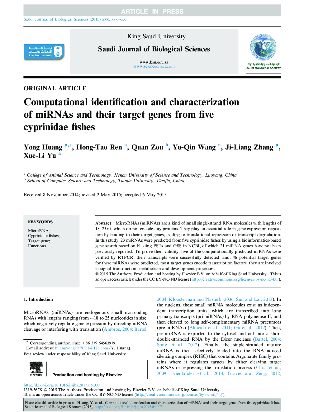 Computational identification and characterization of miRNAs and their target genes from five cyprinidae fishes