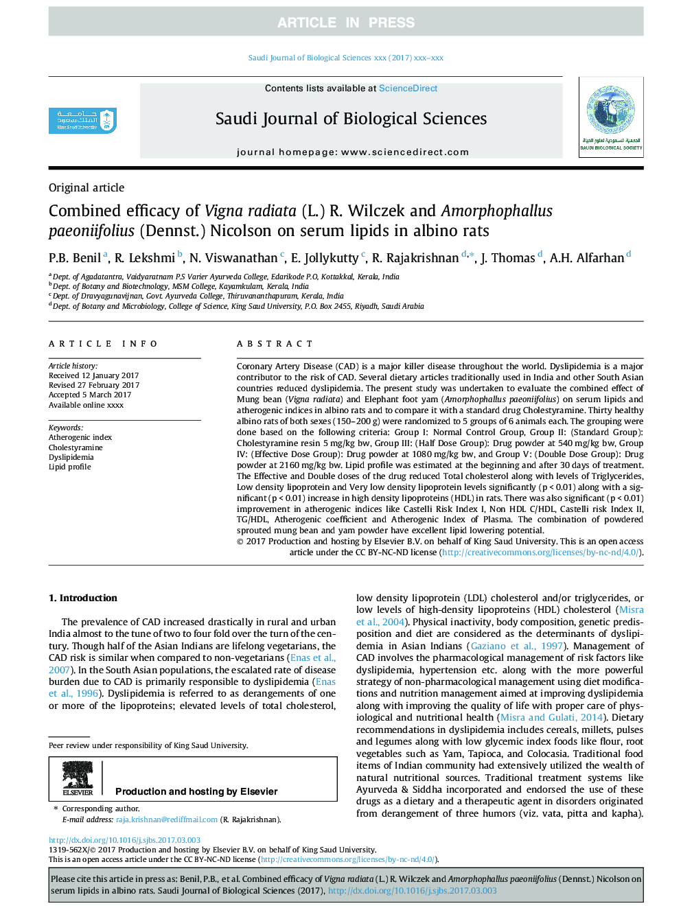 Combined efficacy of Vigna radiata (L.) R. Wilczek and Amorphophallus paeoniifolius (Dennst.) Nicolson on serum lipids in albino rats
