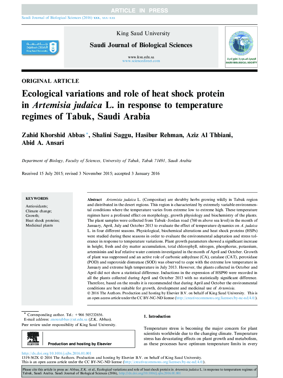 Ecological variations and role of heat shock protein in Artemisia judaica L. in response to temperature regimes of Tabuk, Saudi Arabia