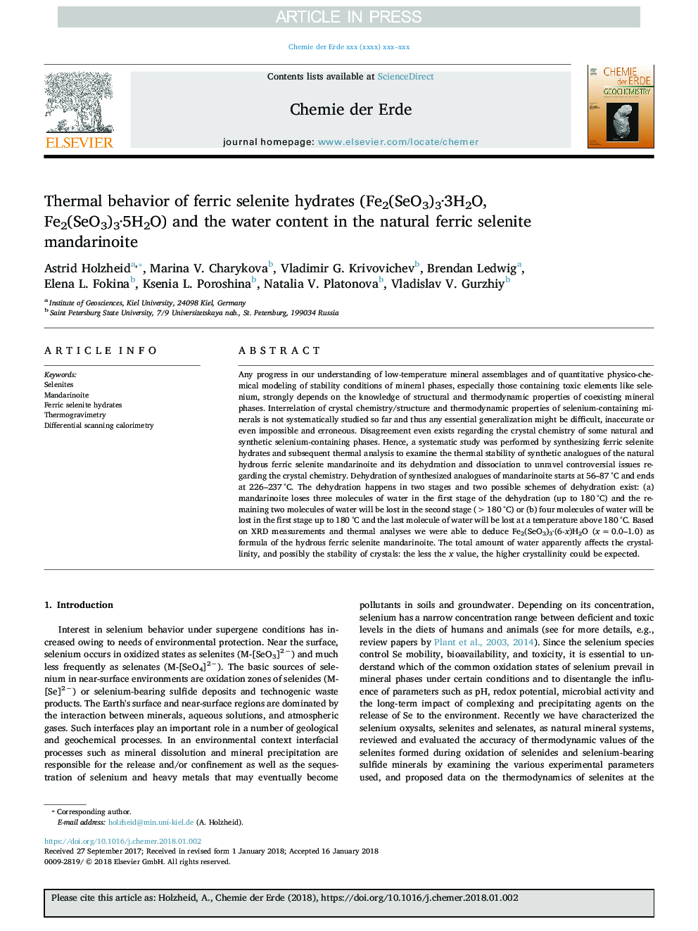 Thermal behavior of ferric selenite hydrates (Fe2(SeO3)3Â·3H2O, Fe2(SeO3)3Â·5H2O) and the water content in the natural ferric selenite mandarinoite