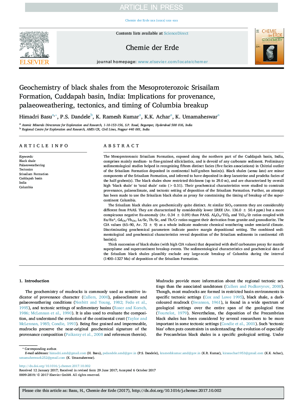 Geochemistry of black shales from the Mesoproterozoic Srisailam Formation, Cuddapah basin, India: Implications for provenance, palaeoweathering, tectonics, and timing of Columbia breakup