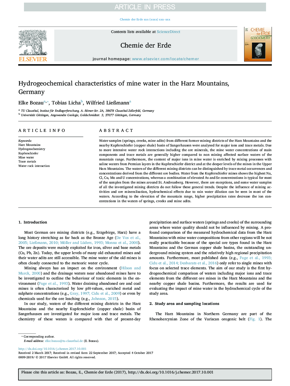 Hydrogeochemical characteristics of mine water in the Harz Mountains, Germany