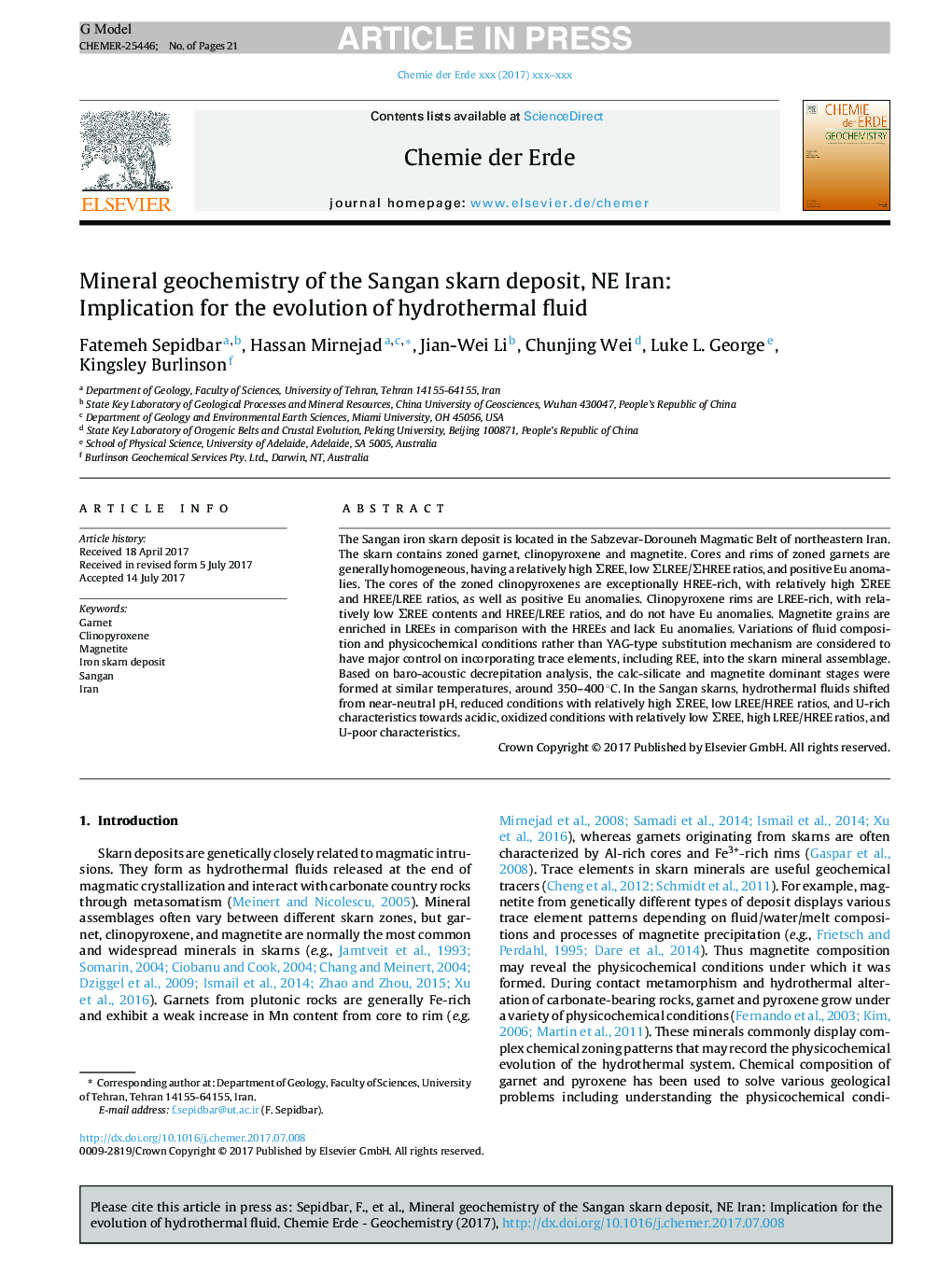 Mineral geochemistry of the Sangan skarn deposit, NE Iran: Implication for the evolution of hydrothermal fluid