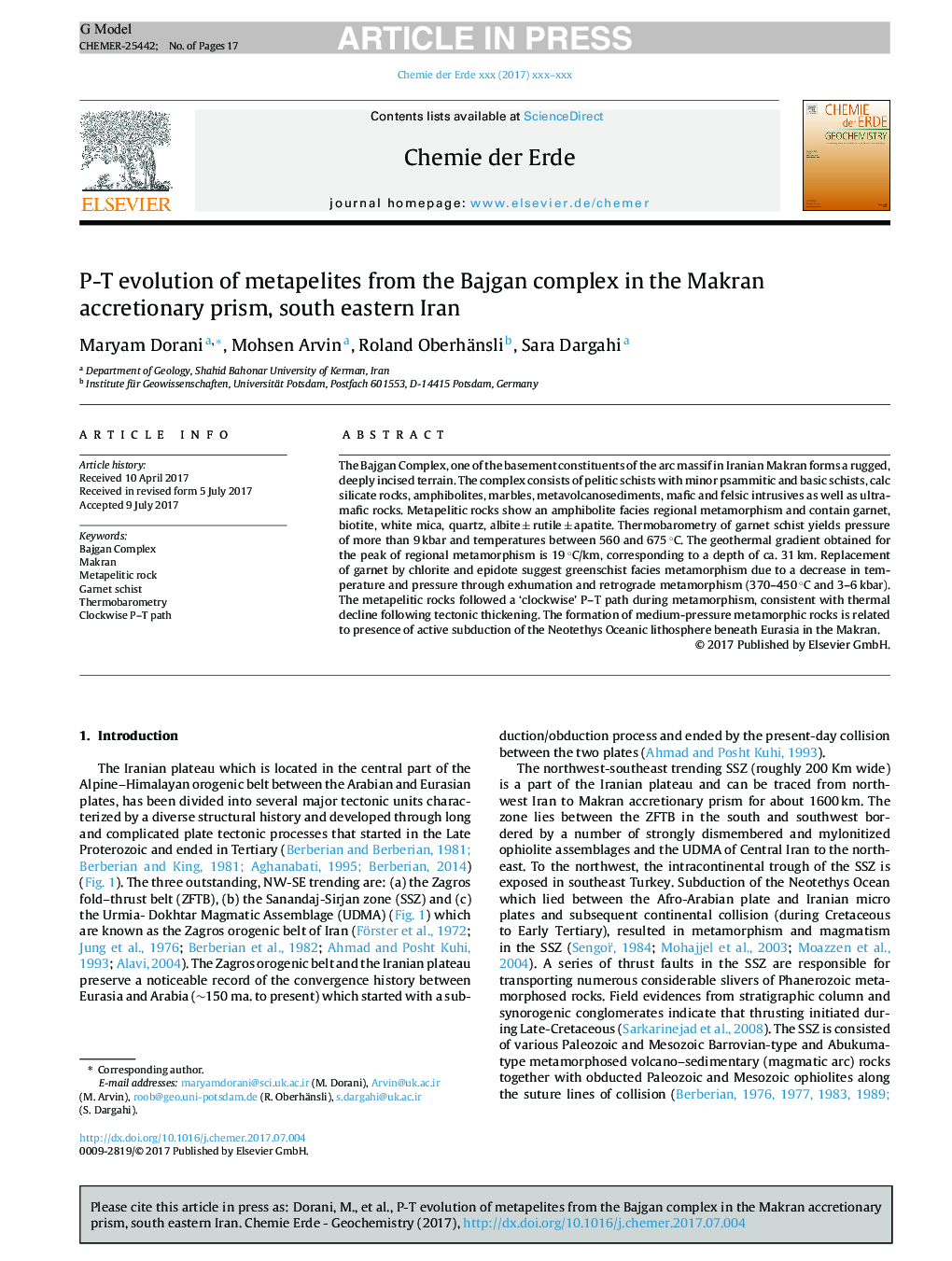 P-T evolution of metapelites from the Bajgan complex in the Makran accretionary prism, south eastern Iran