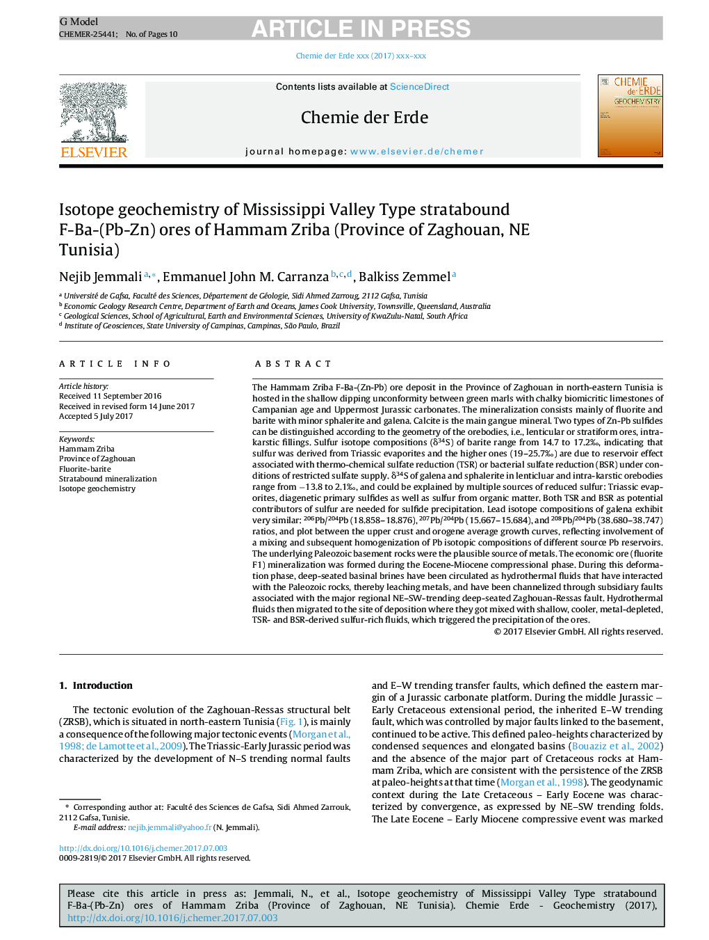 Isotope geochemistry of Mississippi Valley Type stratabound F-Ba-(Pb-Zn) ores of Hammam Zriba (Province of Zaghouan, NE Tunisia)