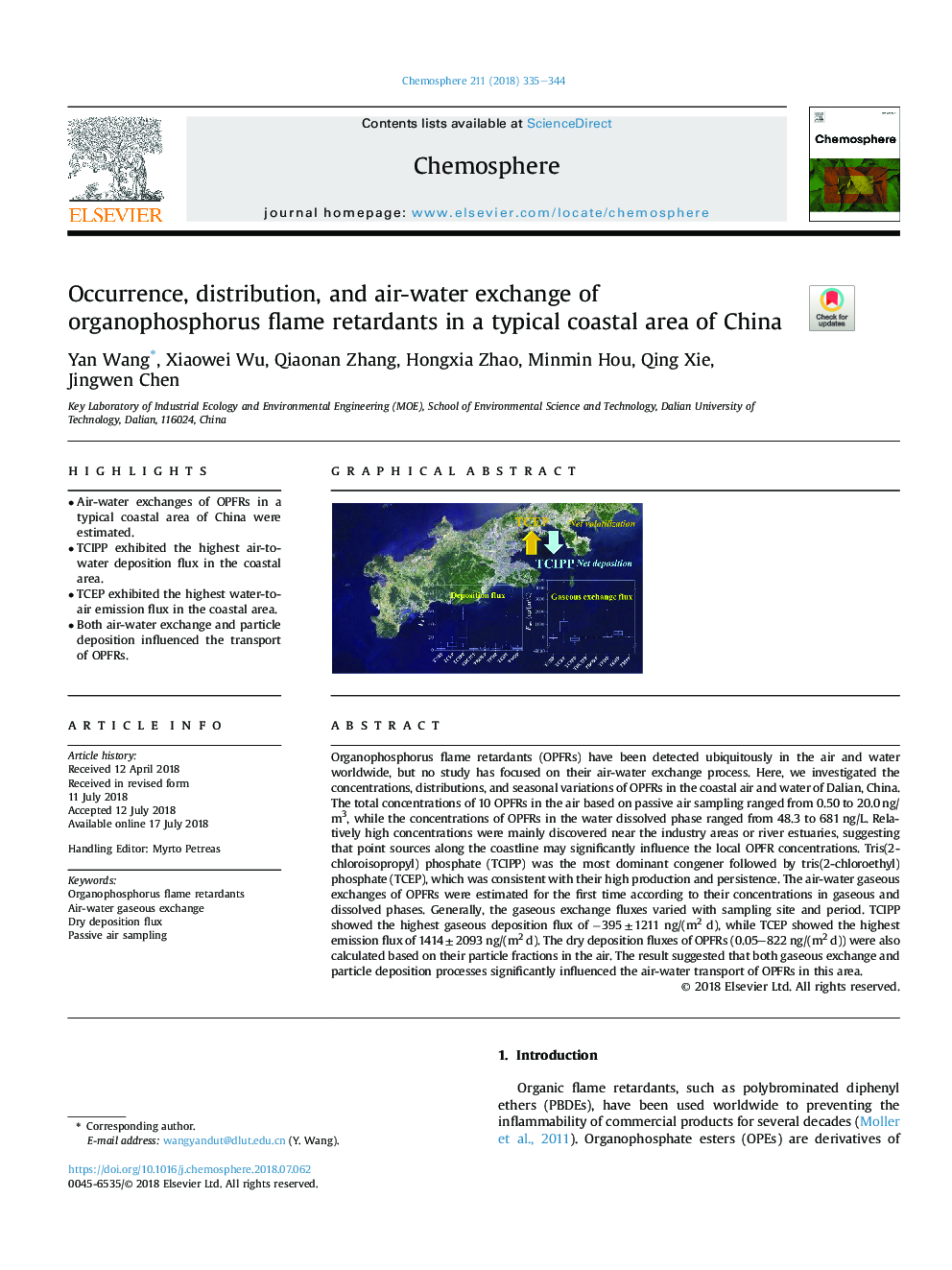 Occurrence, distribution, and air-water exchange of organophosphorus flame retardants in a typical coastal area of China