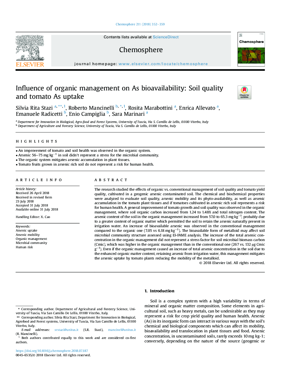 Influence of organic management on As bioavailability: Soil quality and tomato As uptake