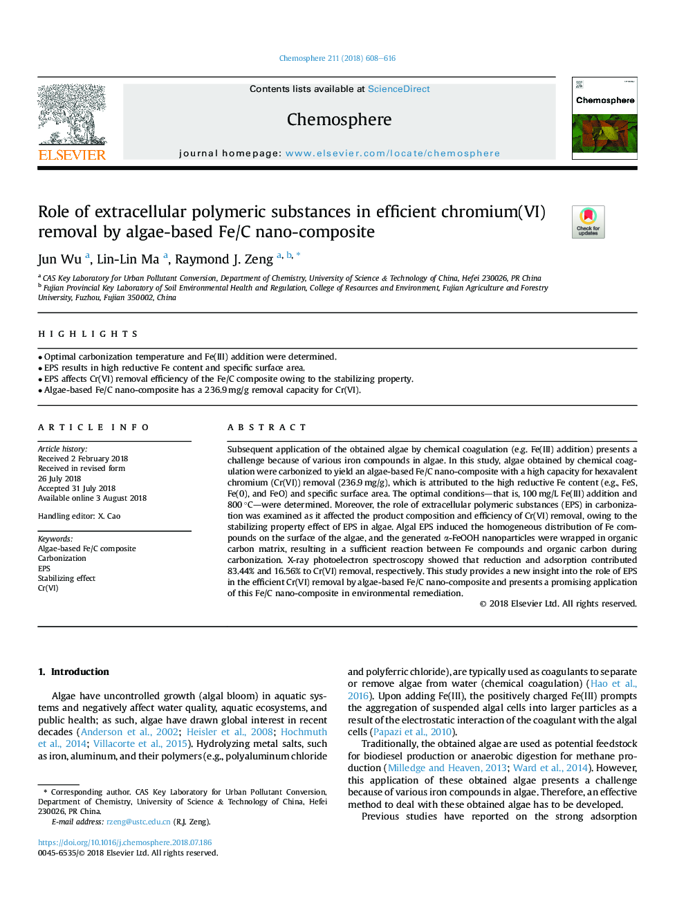 Role of extracellular polymeric substances in efficient chromium(VI) removal by algae-based Fe/C nano-composite