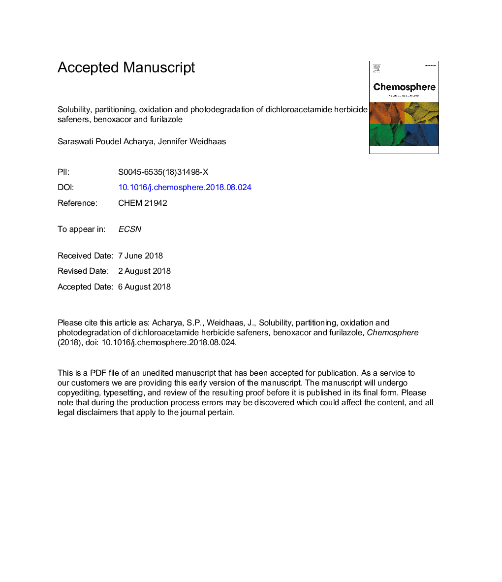 Solubility, partitioning, oxidation and photodegradation of dichloroacetamide herbicide safeners, benoxacor and furilazole