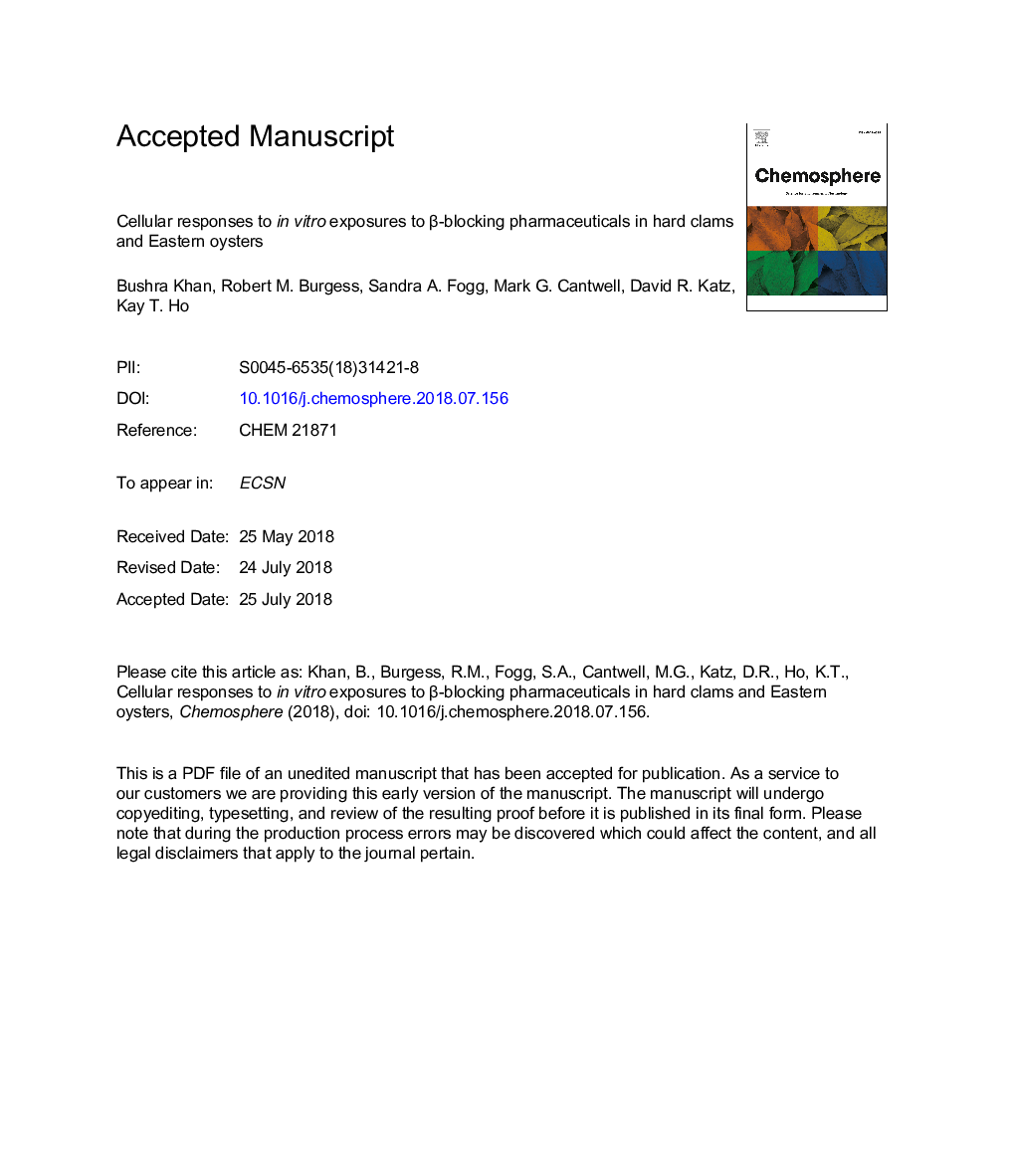 Cellular responses to inÂ vitro exposures to Î²-blocking pharmaceuticals in hard clams and Eastern oysters