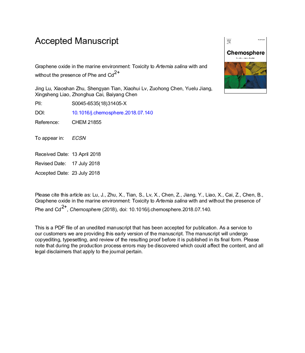 Graphene oxide in the marine environment: Toxicity to Artemia salina with and without the presence of Phe and Cd2+