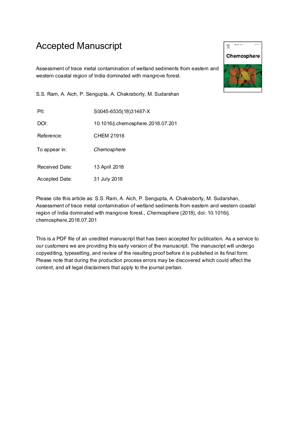 Assessment of trace metal contamination of wetland sediments from eastern and western coastal region of India dominated with mangrove forest