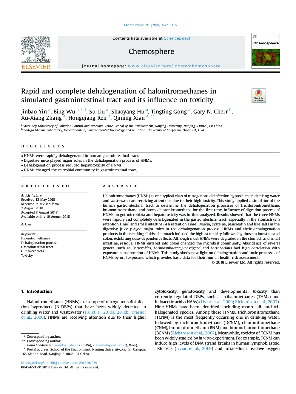 Rapid and complete dehalogenation of halonitromethanes in simulated gastrointestinal tract and its influence on toxicity