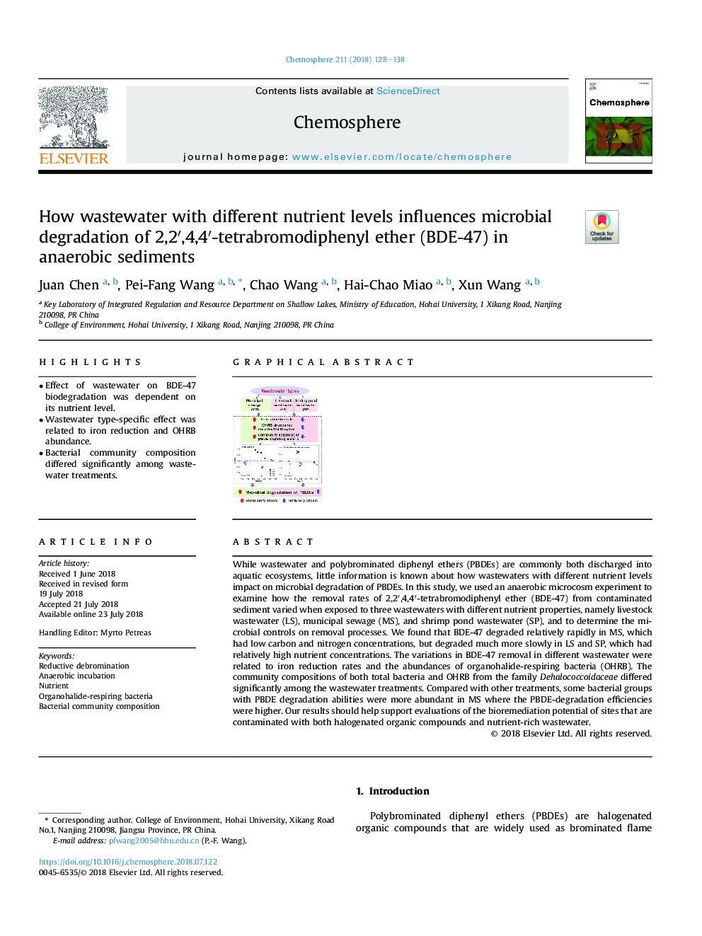عکس صفحه اول مقاله: How wastewater with different nutrient levels influences microbial degradation of 2,2â²,4,4â²-tetrabromodiphenyl ether (BDE-47) in anaerobic sediments How wastewater with different nutrient levels influences microbial degradation of 2,2â²,4,4â²-tetrabromodiphenyl ether (BDE-47) in anaerobic sediments