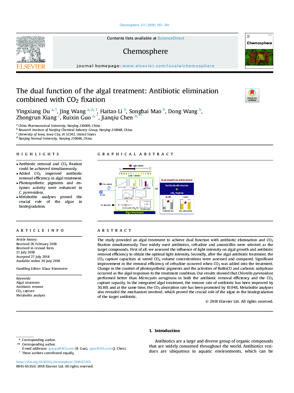 The dual function of the algal treatment: Antibiotic elimination combined with CO2 fixation