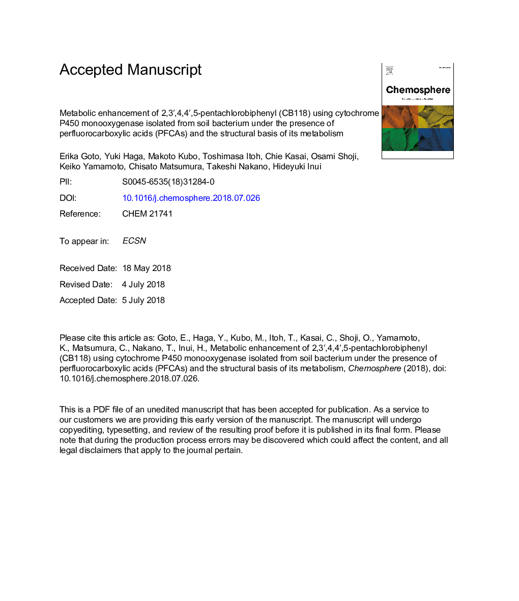 Metabolic enhancement of 2,3â²,4,4â²,5-pentachlorobiphenyl (CB118) using cytochrome P450 monooxygenase isolated from soil bacterium under the presence of perfluorocarboxylic acids (PFCAs) and the structural basis of its metabolism