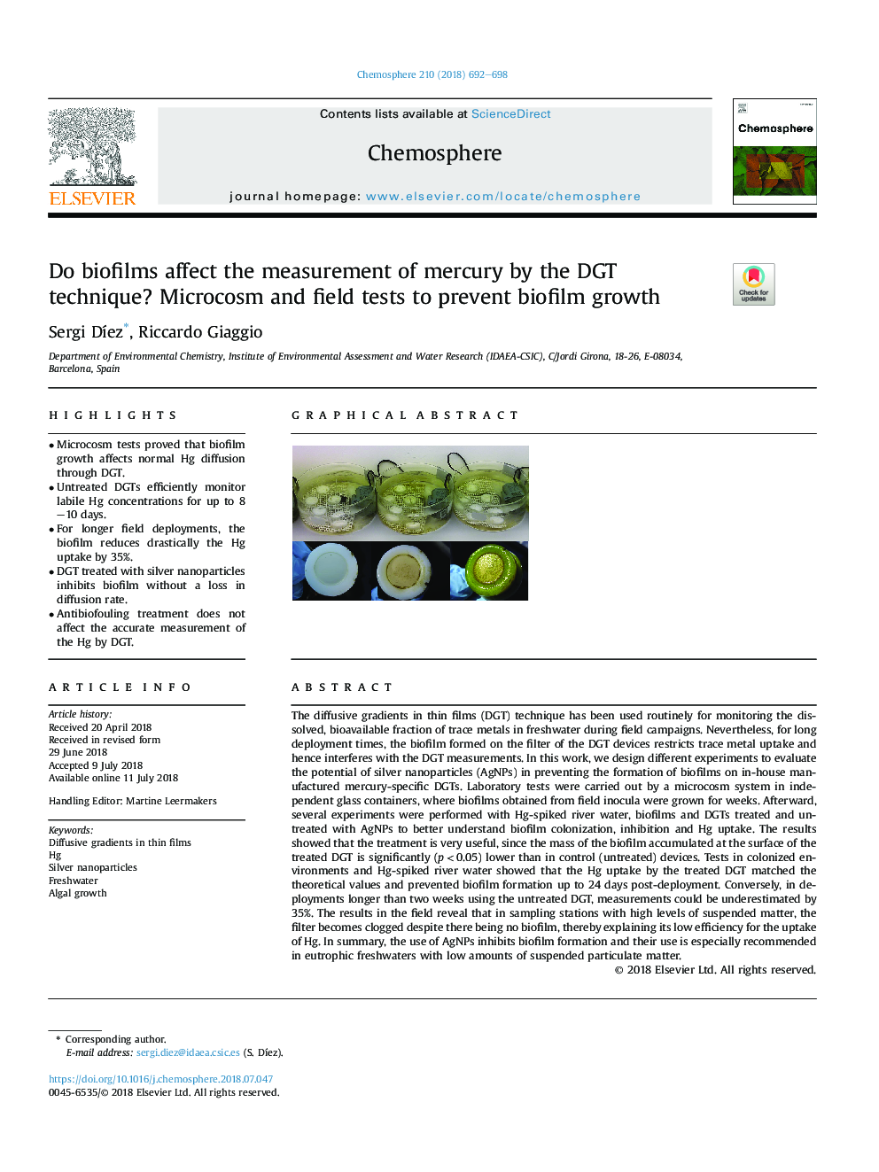 Do biofilms affect the measurement of mercury by the DGT technique? Microcosm and field tests to prevent biofilm growth