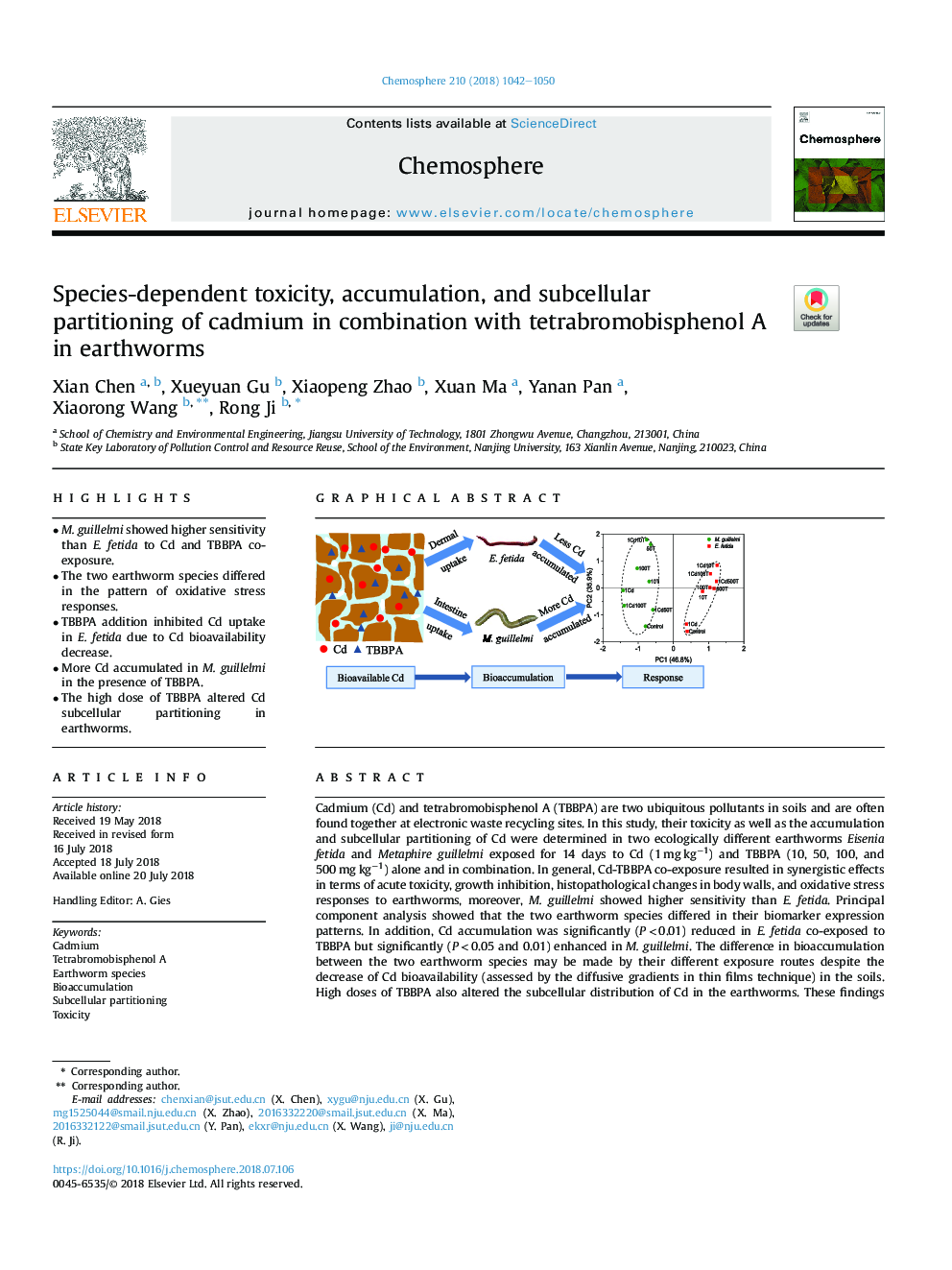 Species-dependent toxicity, accumulation, and subcellular partitioning of cadmium in combination with tetrabromobisphenol A in earthworms