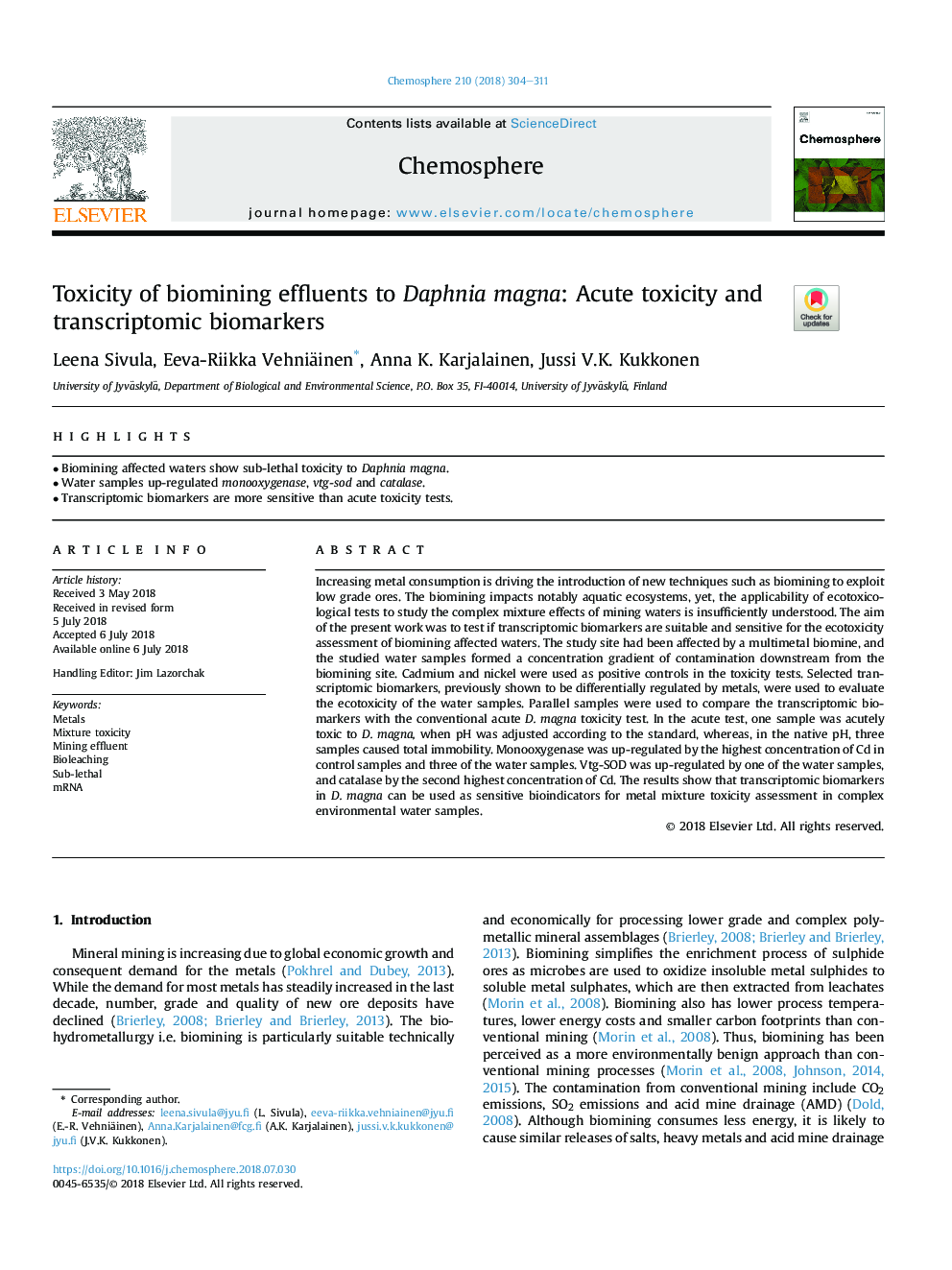 Toxicity of biomining effluents to Daphnia magna: Acute toxicity and transcriptomic biomarkers