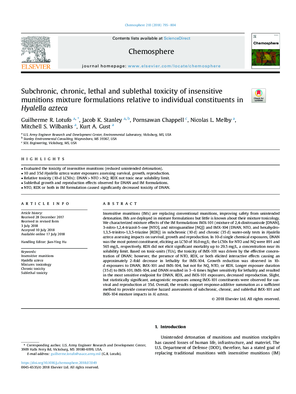 Subchronic, chronic, lethal and sublethal toxicity of insensitive munitions mixture formulations relative to individual constituents in Hyalella azteca