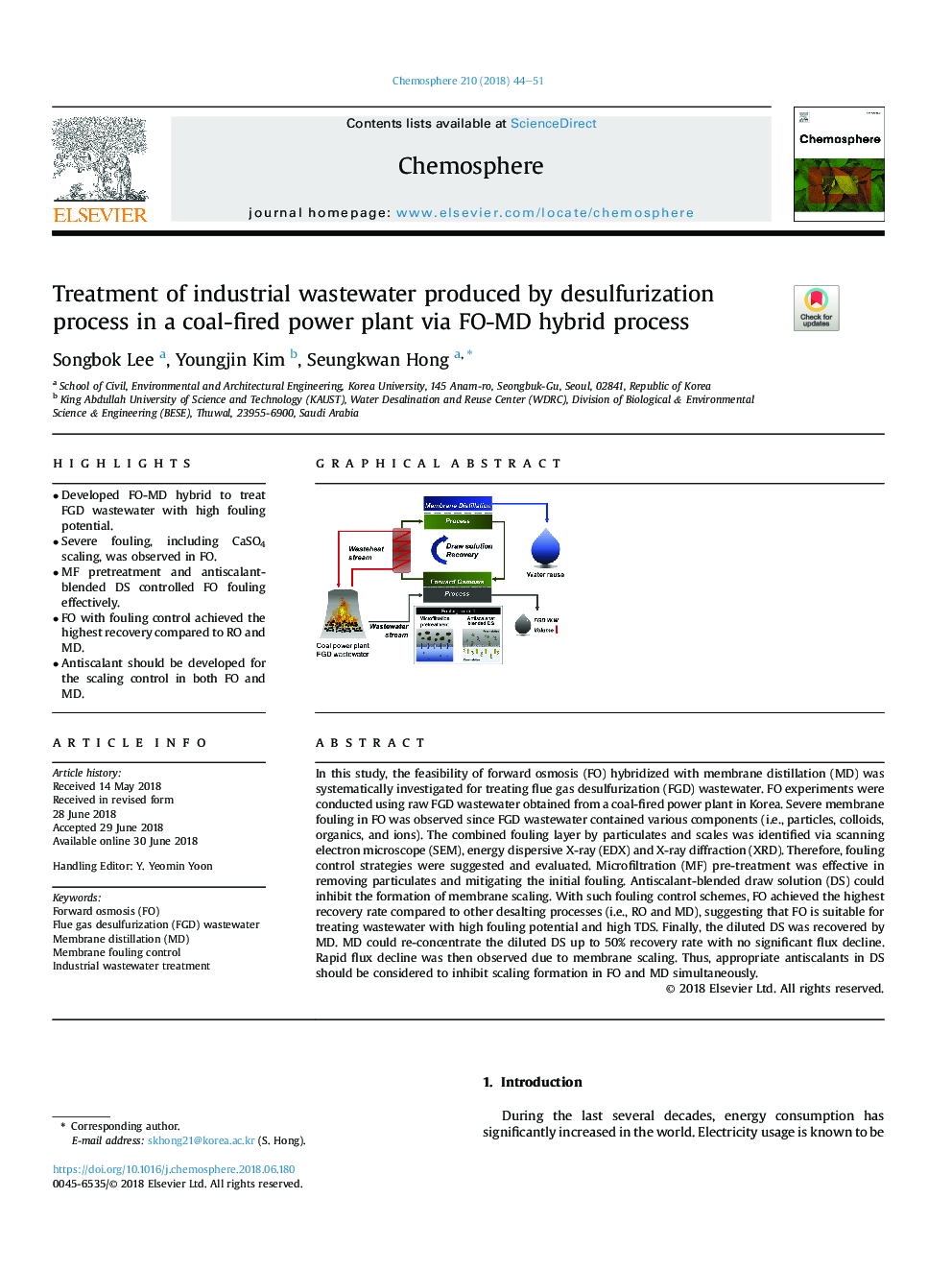 Treatment of industrial wastewater produced by desulfurization process in a coal-fired power plant via FO-MD hybrid process