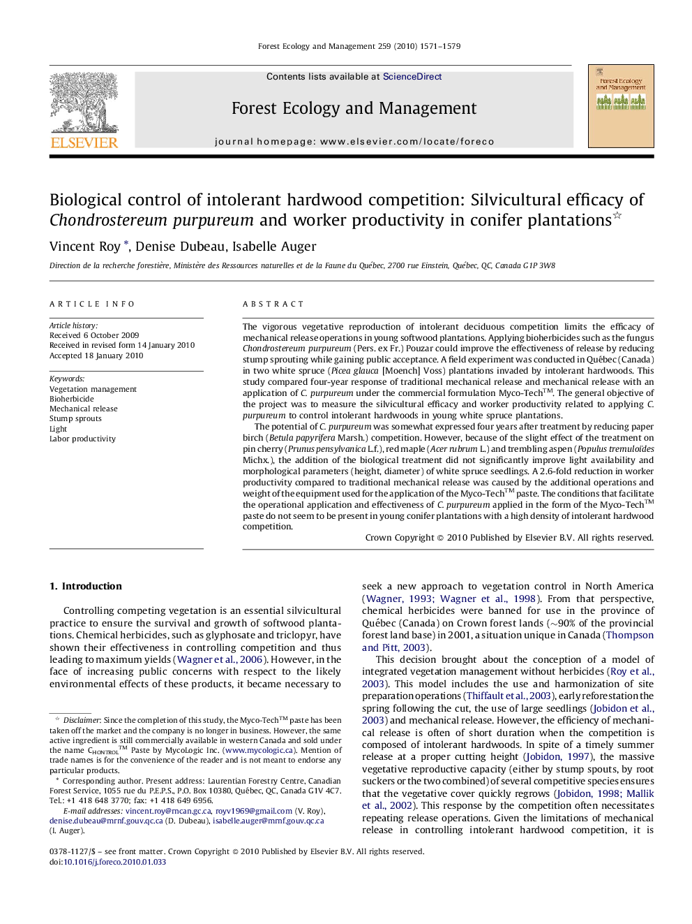 Biological control of intolerant hardwood competition: Silvicultural efficacy of Chondrostereum purpureum and worker productivity in conifer plantations 