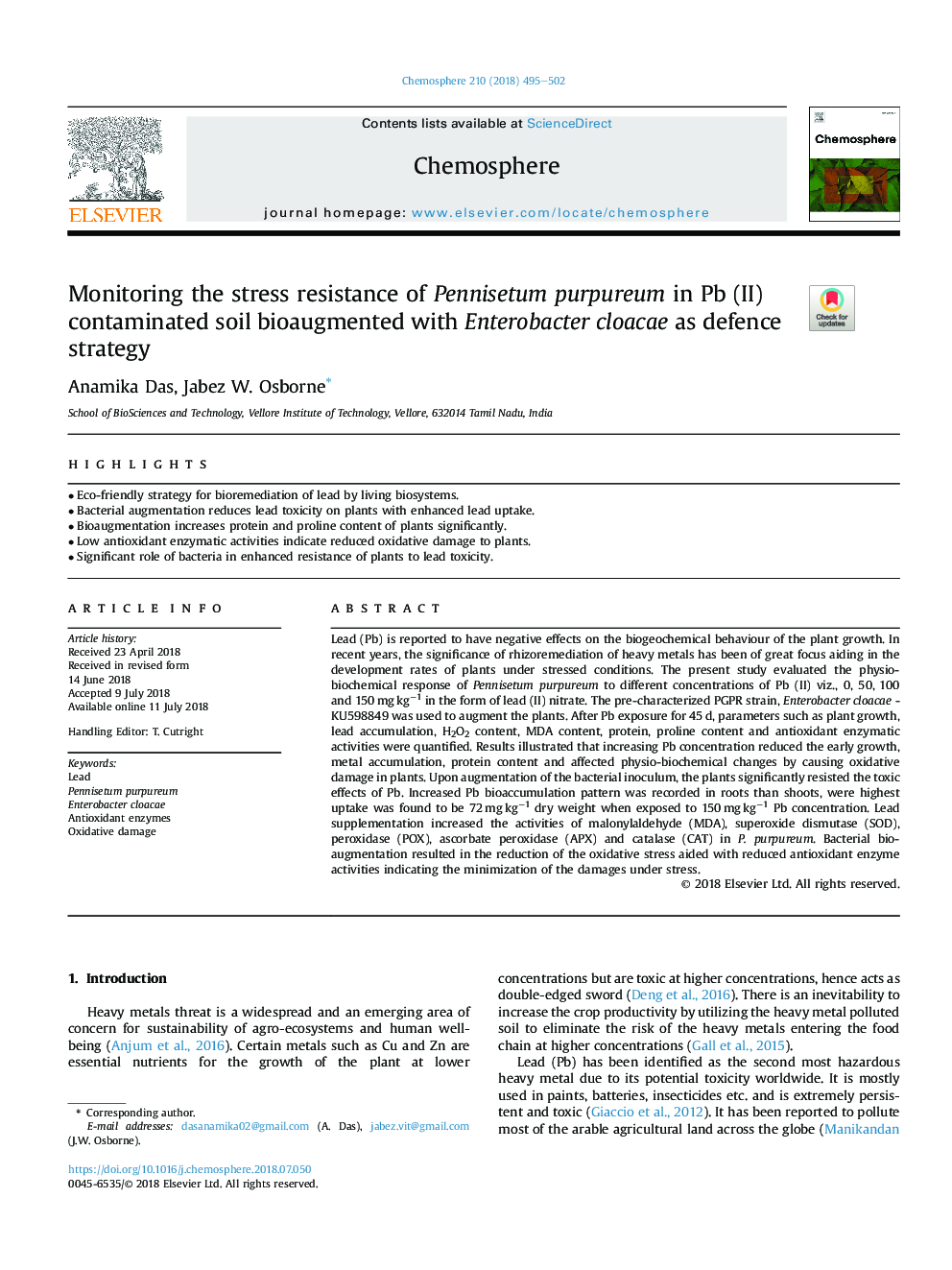 Monitoring the stress resistance of Pennisetum purpureum in Pb (II) contaminated soil bioaugmented with Enterobacter cloacae as defence strategy
