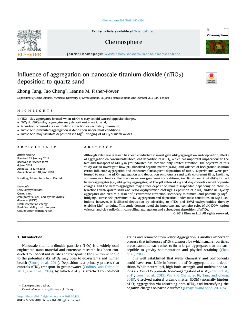 Influence of aggregation on nanoscale titanium dioxide (nTiO2) deposition to quartz sand